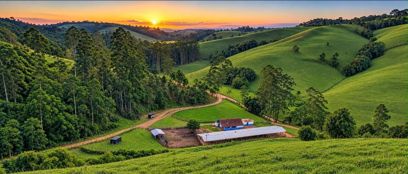 Vista da propriedade da Gênesis Embryo entre morros e pastagens ao pôr do sol